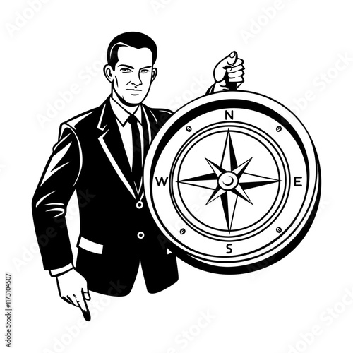Businessman holding a compass, orientation concept doodle illustration