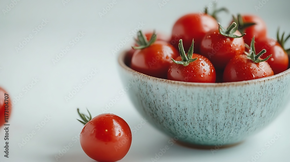 A handful of cherry tomatoes spilling from a small bowl onto a white background, showcasing their bright red color and glossy finish A handful of cherry tomatoes spilling from a small bowl onto a white background, showcasing their bright red color and glossy finish
