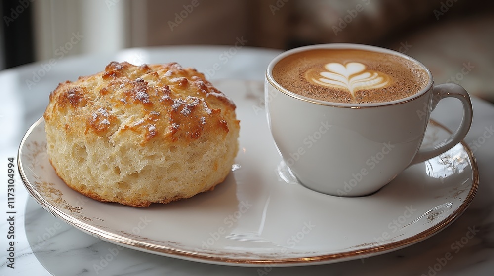 A freshly baked scone and a cup of latte art coffee on a plate. A freshly baked scone and a cup of latte art coffee on a plate.