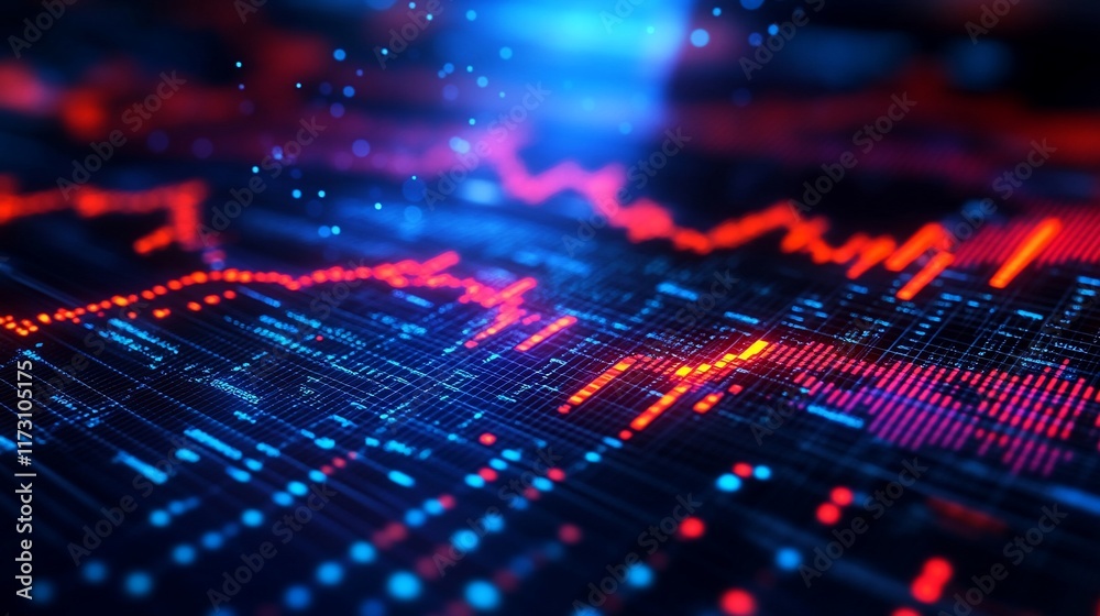 Abstract digital data visualization with red and blue lines representing financial growth and decline, showing complex data trends. Abstract digital data visualization with red and blue lines representing financial growth and decline, showing complex data trends.