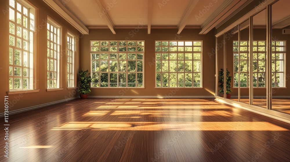 Fototapeta premium Interior of an empty dance, yoga, fitness studio hall with big mirrors, windows and wooden floor