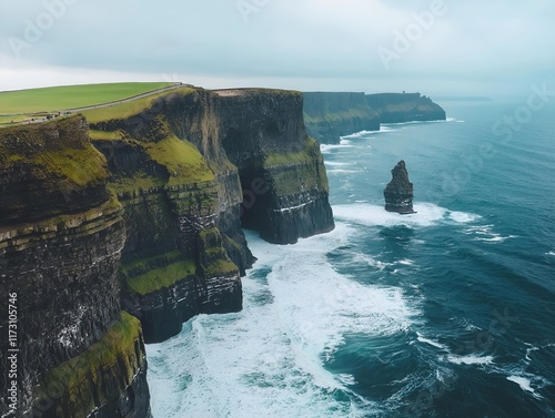 aerial view of the cliffs of moher, ireland, with crashing waves.