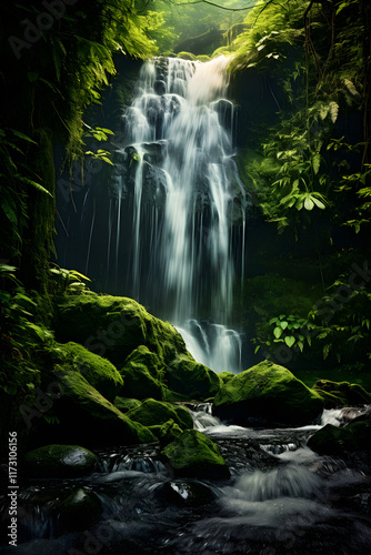 Serene Waterfall Cascading Down Lush Green Rocks Surrounded by Vibrant Tropical Foliage in a Tranquil Forest Setting Offers Peaceful Nature Escape
