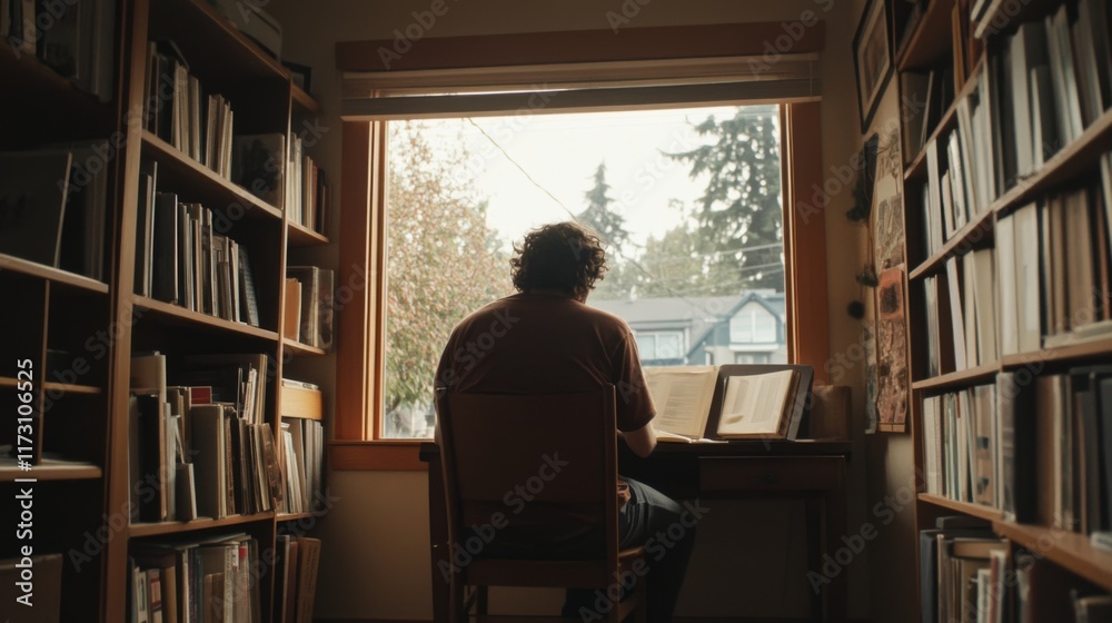Person sits at desk in book-lined room, reading. Person sits at desk in book-lined room, reading.