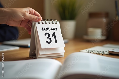 A calendar page flipping to January 31 , set in a cozy desk scene. photo