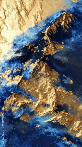 Fototapeta Naklejka Na Ścianę i Meble -  3d golden blue mountain scenery illustration poster background