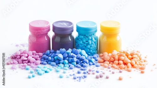 A collection of colorful laundry capsules and detergent powder arranged neatly on a white background.  photo