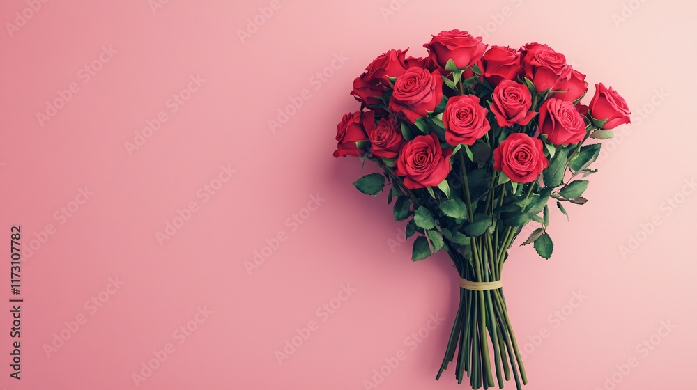 Obraz premium Valentine's Day Romantic Red Roses Bouquet on Pink Background Valentine s Day Gift