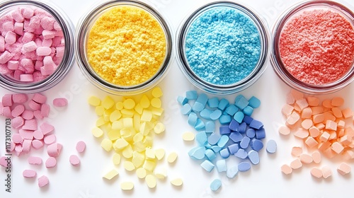 A collection of colorful laundry capsules and detergent powder arranged neatly on a white background.  photo