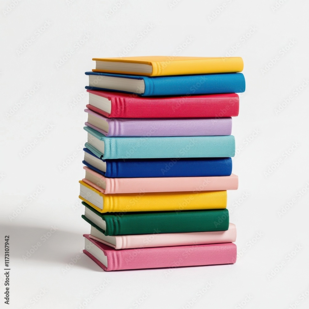 Stacked colorful books in a neat arrangement showcasing a variety of vibrant covers on a minimalistic background Stacked colorful books in a neat arrangement showcasing a variety of vibrant covers on a minimalistic background