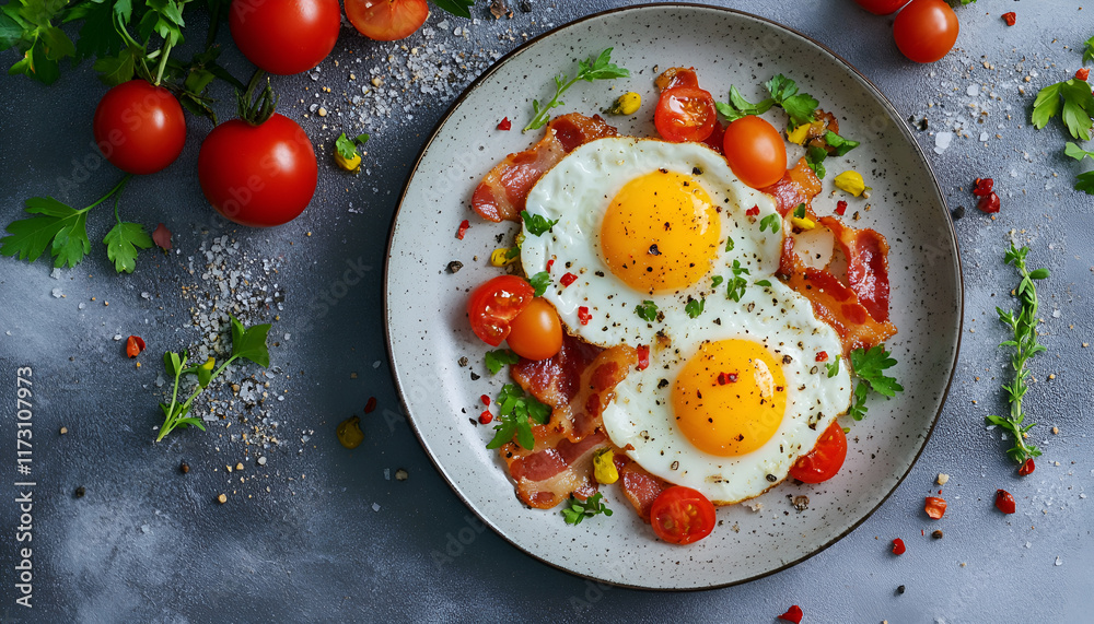 Breakfast with fried eggs and bacon close up. Fried sunny side eggs with bacon on plate, healthy keto meal Breakfast with fried eggs and bacon close up. Fried sunny side eggs with bacon on plate, healthy keto meal