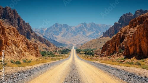 A long, straight desert road disappearing into majestic mountains under a clear blue sky.