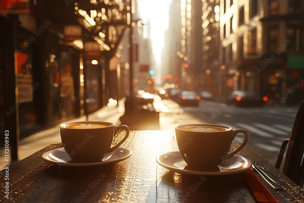 Obraz premium Two steaming cups of coffee on a table with a bustling city street in the background.