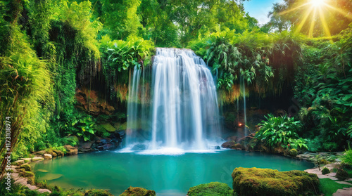 Lush waterfall cascading into a serene turquoise pool surrounded by vibrant greenery during a sunny day