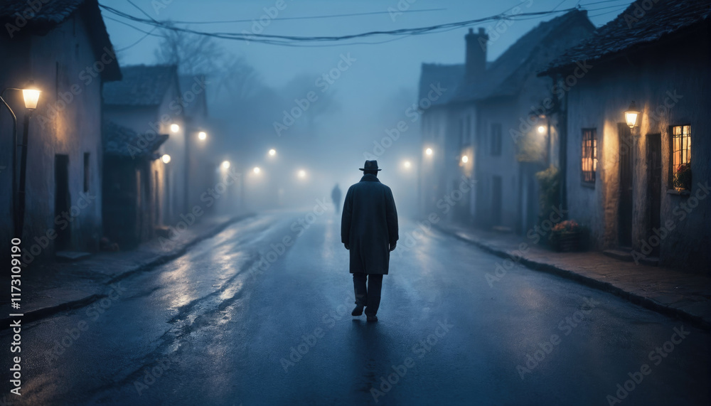 Mysterious figure walks down a foggy street in a quiet village during the evening Mysterious figure walks down a foggy street in a quiet village during the evening
