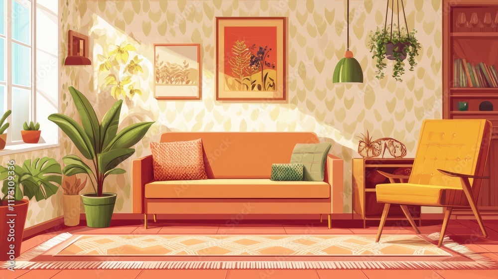 Fototapeta premium Interior of retro vintage living room with couch, armchair, wooden furniture, carpet, potted plants, home decorations