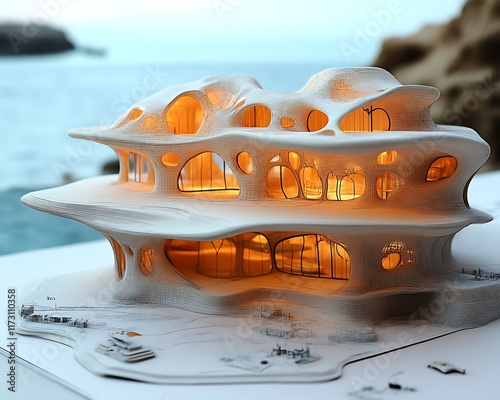 Organic architectural model illuminated at dusk. photo