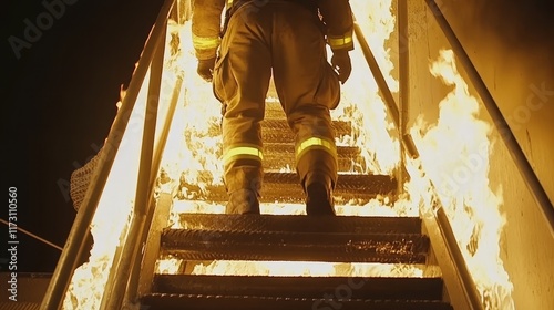 Strong and brave firefighter going up the stairs in a burning building, as flames engulf the stairs and rise around them. Firefighting hero in action during an emergency photo