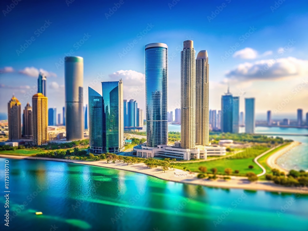 Fototapeta premium Al Reem Island Abu Dhabi UAE, Tilt-Shift Miniature Cityscape, Modern Architecture, Skyline, Luxury Real Estate