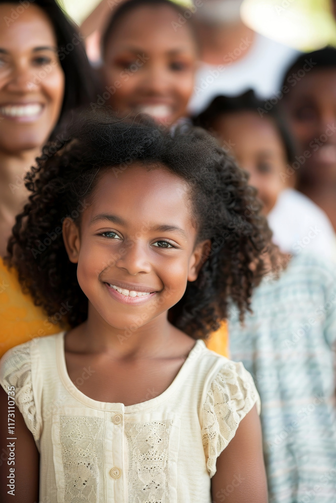 Joyful Smiling Girl with Curly Hair in Front of Group of Diverse Family Members in Natural Outdoor Setting Joyful Smiling Girl with Curly Hair in Front of Group of Diverse Family Members in Natural Outdoor Setting