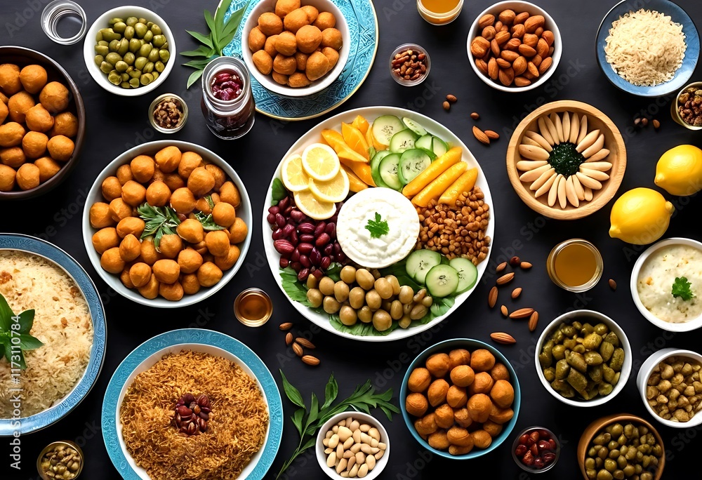 Diverse Middle Eastern Cuisine Platter Display. A high-angle, full shot showcasing a variety of Middle Eastern dishes arranged on a dark surface Diverse Middle Eastern Cuisine Platter Display. A high-angle, full shot showcasing a variety of Middle Eastern dishes arranged on a dark surface