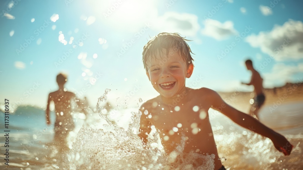 Joyful boy playing in ocean waves, splashing water under bright sunny sky with friends enjoying summer fun at beach. Joyful boy playing in ocean waves, splashing water under bright sunny sky with friends enjoying summer fun at beach.