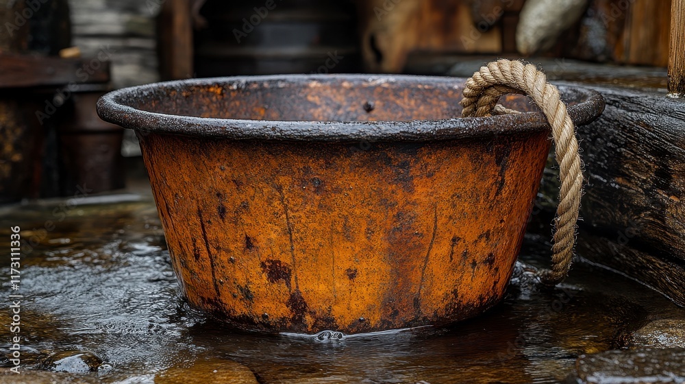Rusty old metal bucket with rope, outdoors. Rusty old metal bucket with rope, outdoors.