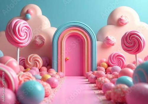 Colorful candy landscape featuring a playful rainbow door with sweets and trees