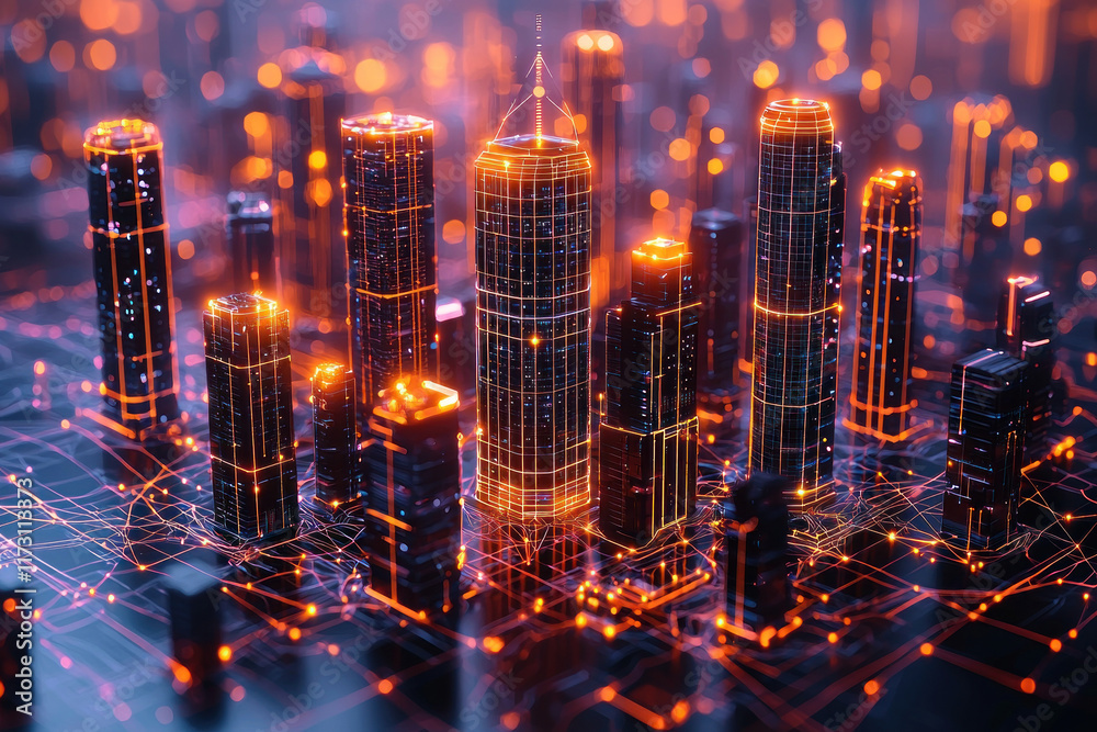 Glowing digital cityscape at night, connected network, background blur, tech visualization