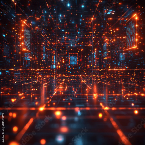 Glowing digital data center interior with data flow and server activity in cyberspace background for tech use