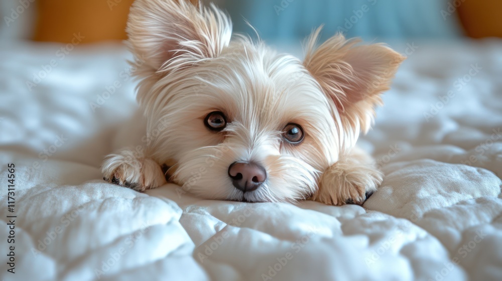 Adorable small fluffy dog lying on a white bed, looking at the camera. Adorable small fluffy dog lying on a white bed, looking at the camera.