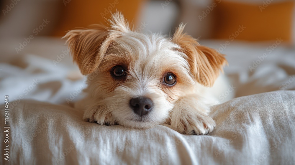 Adorable small dog resting on a bed, looking at the camera.