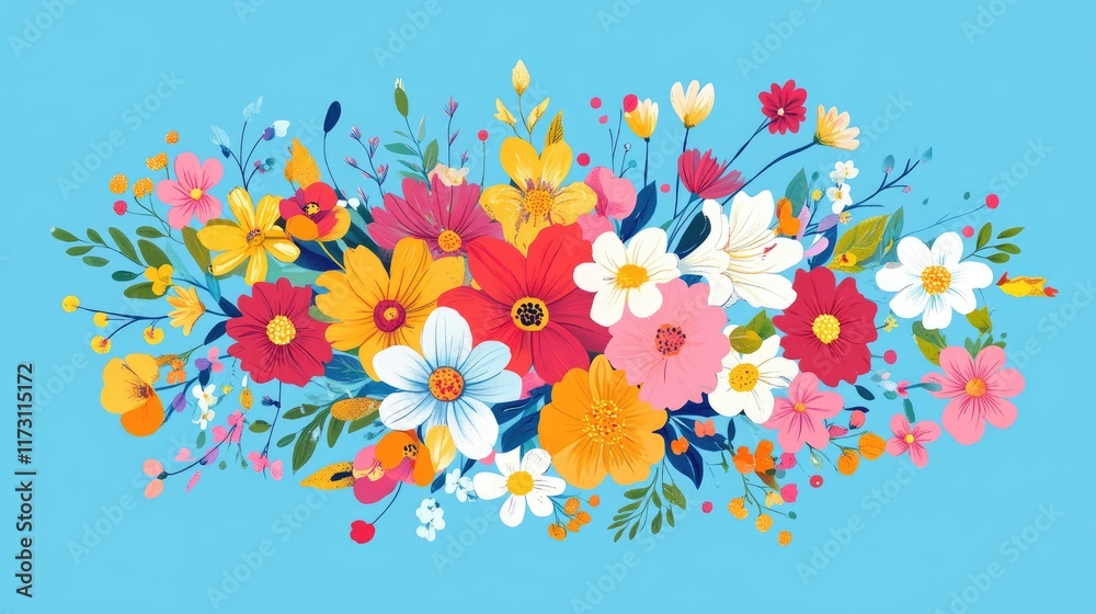 Obraz premium Joyful Spring logo with an explosion of flowers on blue background, happy handwriting word in a colorful floral design, festive seasonal greeting card