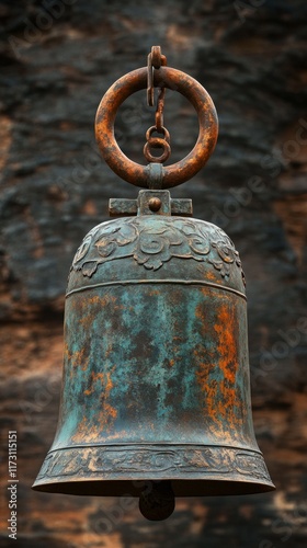 Rustic bronze bell with patina and intricate designs against stone wall photo