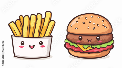 Cute wide angle kawaii cartoon of hamburger and french fries for fun designs