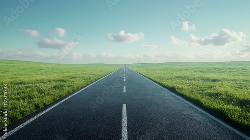Highway stretches endlessly through vibrant green savanna, meeting horizon under dramatic blue sky with wispy clouds, pristine asphalt road creates perfect vanishing point.