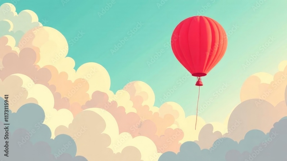 Obraz premium illustration of red hot air balloon hovering above clouds