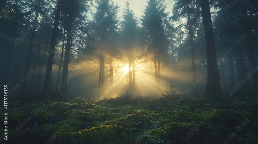 Obraz premium Mystical forest scene captures Tyndall effect as golden sunbeams pierce through misty trees, illuminating moss-covered ground and creating magical woodland atmosphere.