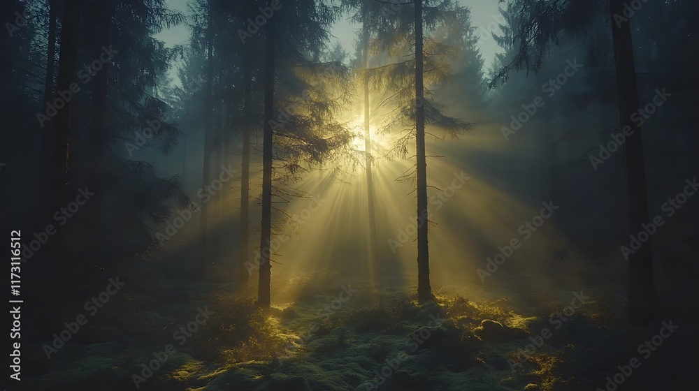 Fototapeta premium Mystical forest scene captures Tyndall effect as golden sunbeams pierce through misty trees, illuminating moss-covered ground and creating magical woodland atmosphere.