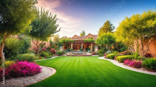 Beautiful garden showcases vibrant flowers and lush green lawn in a serene outdoor setting during sunset