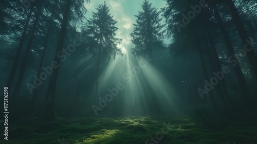 Mystical forest scene captures Tyndall effect as golden sunbeams pierce through misty trees  illuminating moss-covered ground and creating magical woodland atmosphere.