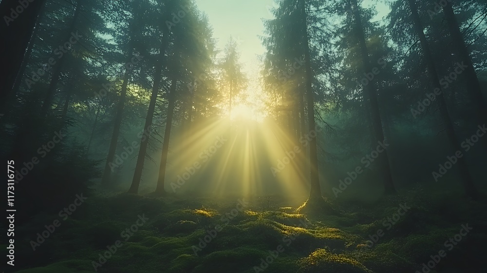 Obraz premium Mystical forest scene captures Tyndall effect as golden sunbeams pierce through misty trees, illuminating moss-covered ground and creating magical woodland atmosphere.