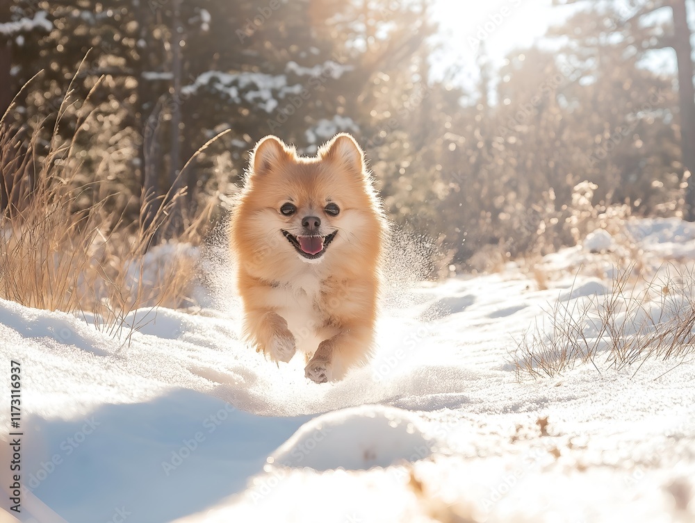 Obraz premium pomeranian dog running in the snow, sunlit scene.