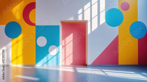 Colorful geometric door design.