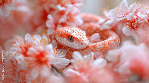 Year of the Snake, zodiac animal, elegance, transformation, Chinese New Year, serpent, pink blossoms, harmony, mysticism, lunar calendar, tradition, beauty, rebirth, prosperity, spirituality.