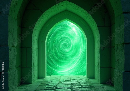 Mysterious glowing portal with swirling green light in ancient stone archway photo