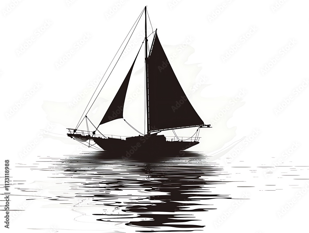 Fototapeta premium Silhouette of a sailboat on the water on a white background
