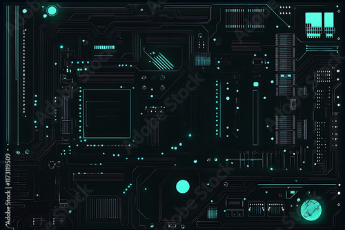 Abstract close-up of a glowing blue digital circuit board, showcasing intricate connections and technological design on a black background.
