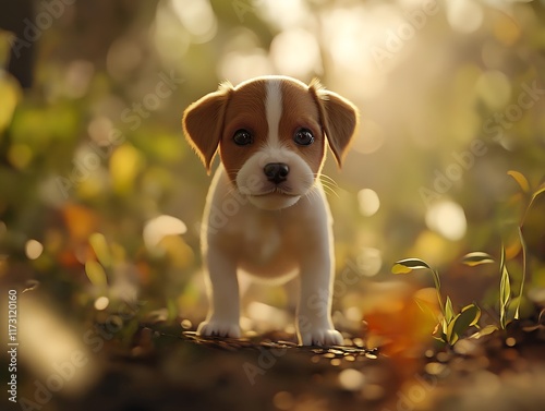 small jack russell puppy standing outdoors, warm lighting.