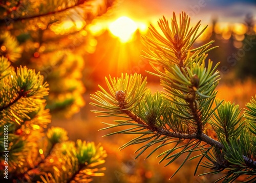 Autumn Pine Needles: Golden Sunlight on Pine Branches